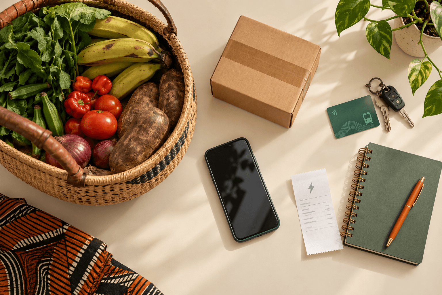 Groceries, a parcel, transport card, phone and utility bill arranged for an everyday routine