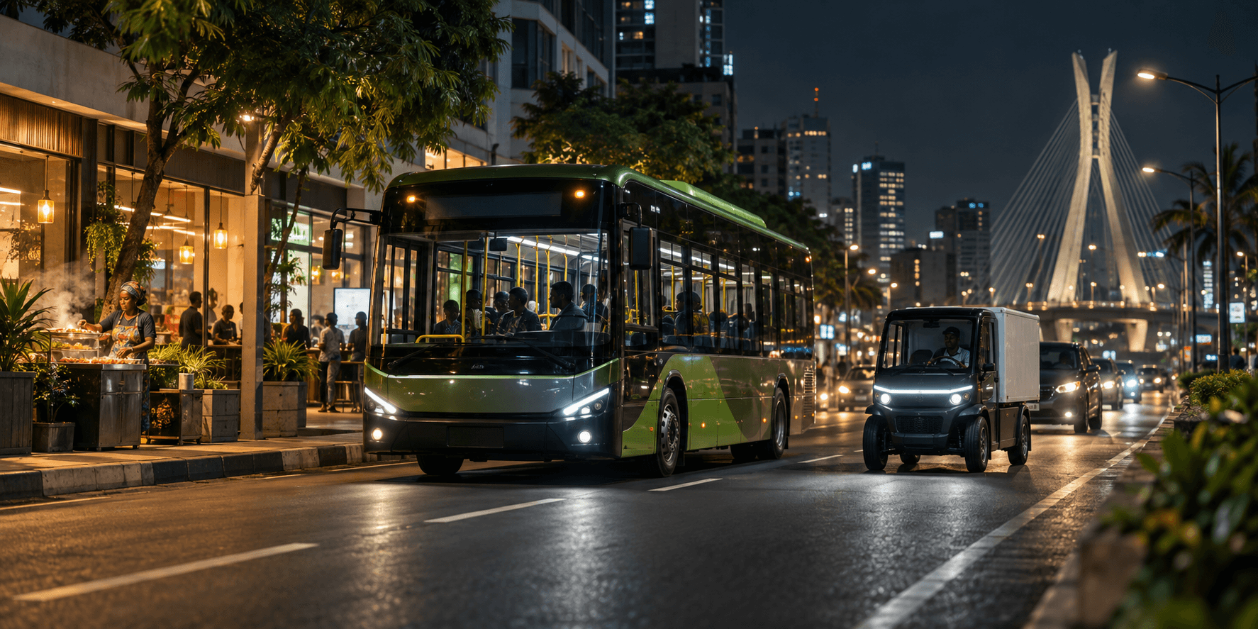 City bus and delivery vehicle moving through an urban street at night